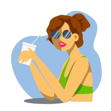 Vector creative cartoon illustration. Cute young woman drinks soda, cocktail or Stock Illustration