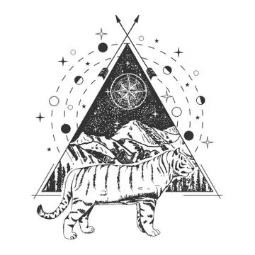 Vector creative geometric tiger tattoo art style design 스톡 일러스트