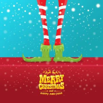 Vector creative merry christmas greeting card with cartoon elfs legs, elf shoes Stock Illustration