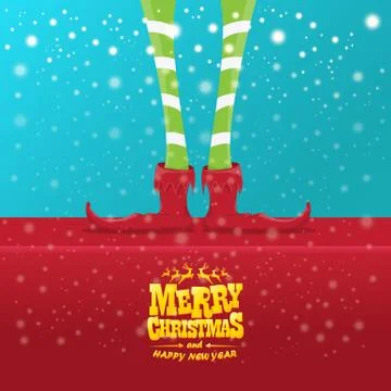 Vector creative merry christmas greeting card with cartoon elfs legs, elf shoes Stock Illustration