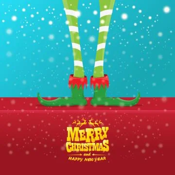 Vector creative merry christmas greeting card with cartoon elfs legs, elf shoes Stock Illustration