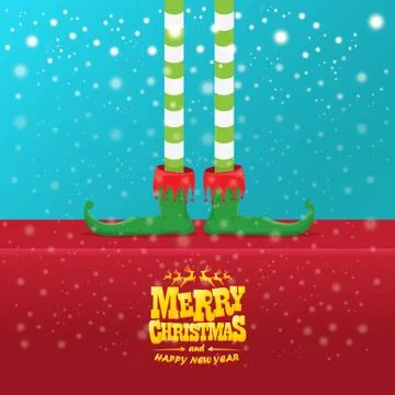 Vector creative merry christmas greeting card with cartoon elfs legs, elf shoes Stock Illustration