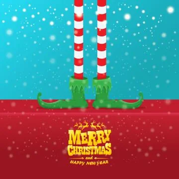 Vector creative merry christmas greeting card with cartoon elfs legs, elf shoes Stock Illustration