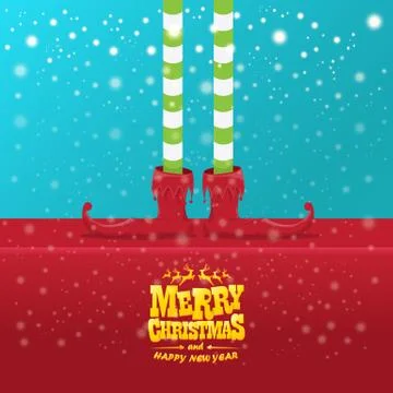 Vector creative merry christmas greeting card with cartoon elfs legs, elf shoes Stock Illustration