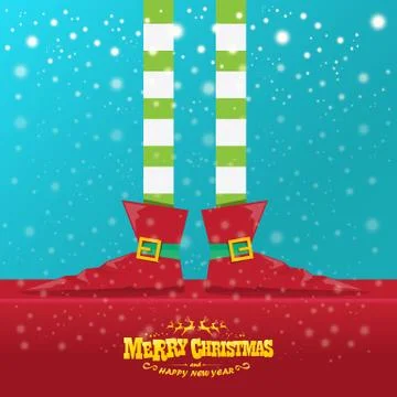 Vector creative merry christmas greeting card with cartoon elfs legs, elf shoes Stock Illustration