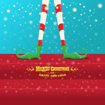 Vector creative merry christmas greeting card with cartoon elfs legs, elf shoes Stock Illustration