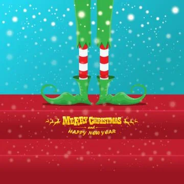 Vector creative merry christmas greeting card with cartoon elfs legs, elf shoes Stock Illustration
