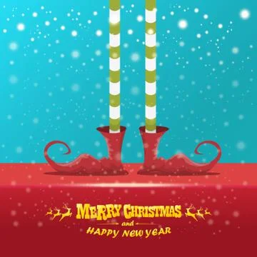 Vector creative merry christmas greeting card with cartoon elfs legs, elf shoes Stock Illustration