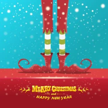 Vector creative merry christmas greeting card with cartoon elfs legs, elf shoes Stock Illustration