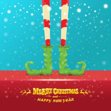 Vector creative merry christmas greeting card with cartoon elfs legs, elf shoes Stock Illustration