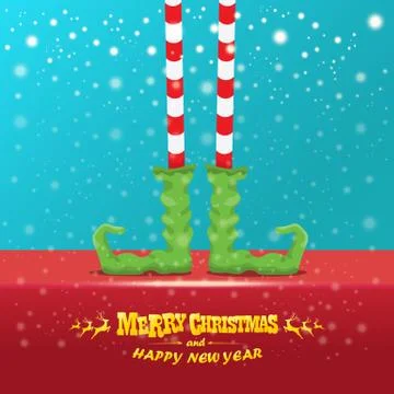 Vector creative merry christmas greeting card with cartoon elfs legs, elf shoes Stock Illustration