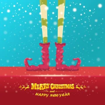 Vector creative merry christmas greeting card with cartoon elfs legs, elf shoes Stock Illustration