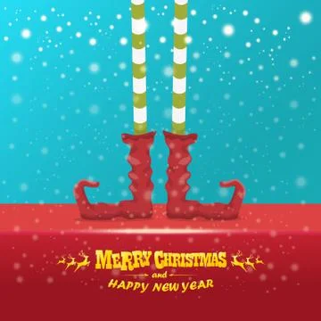 Vector creative merry christmas greeting card with cartoon elfs legs, elf shoes Stock Illustration
