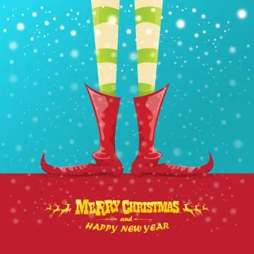 Vector creative merry christmas greeting card with cartoon elfs legs, elf shoes Stock Illustration