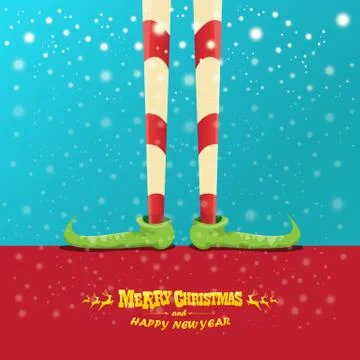 Vector creative merry christmas greeting card with cartoon elfs legs, elf shoes Stock Illustration