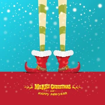Vector creative merry christmas greeting card with cartoon elfs legs, elf shoes Stock Illustration