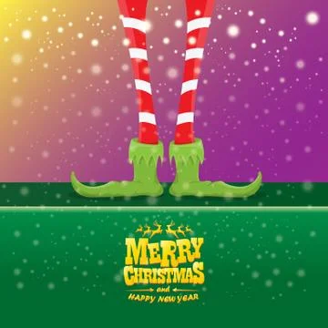 Vector creative merry christmas greeting card with cartoon elfs legs, elf shoes Stock Illustration