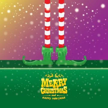 Vector creative merry christmas greeting card with cartoon elfs legs, elf shoes Stock Illustration