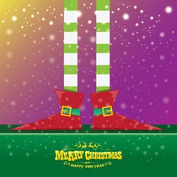 Vector creative merry christmas greeting card with cartoon elfs legs, elf shoes Stock Illustration