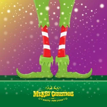 Vector creative merry christmas greeting card with cartoon elfs legs, elf shoes Stock Illustration