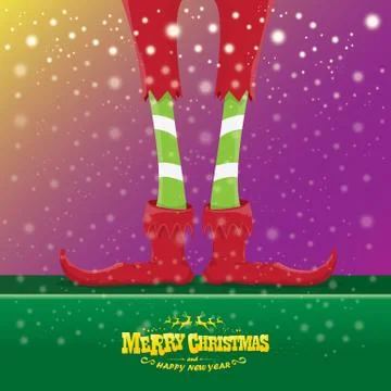 Vector creative merry christmas greeting card with cartoon elfs legs, elf shoes Stock Illustration
