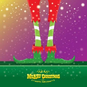 Vector creative merry christmas greeting card with cartoon elfs legs, elf shoes Stock Illustration