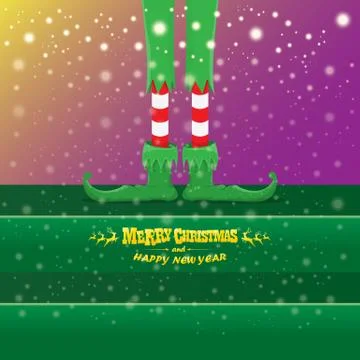 Vector creative merry christmas greeting card with cartoon elfs legs, elf shoes Stock Illustration