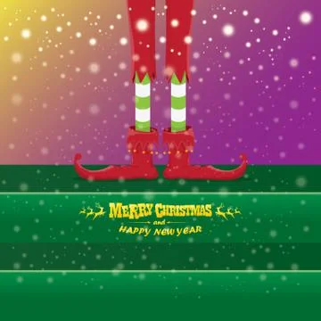 Vector creative merry christmas greeting card with cartoon elfs legs, elf shoes Stock Illustration