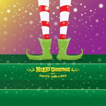 Vector creative merry christmas greeting card with cartoon elfs legs, elf shoes Stock Illustration