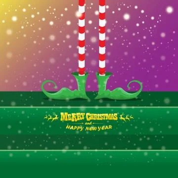 Vector creative merry christmas greeting card with cartoon elfs legs, elf shoes Stock Illustration