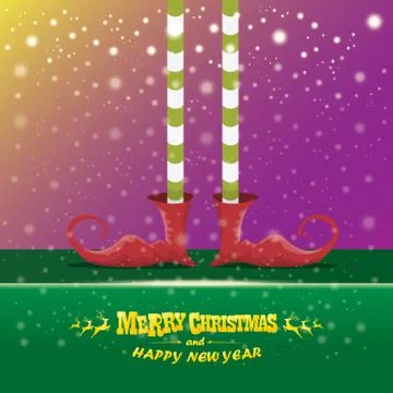Vector creative merry christmas greeting card with cartoon elfs legs, elf shoes Stock Illustration