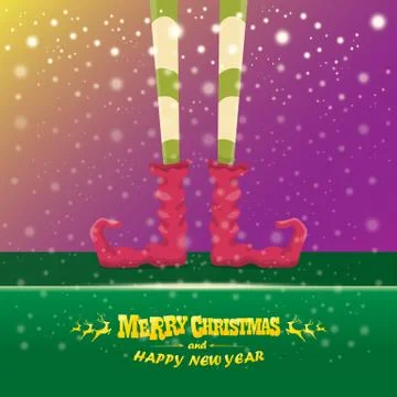 Vector creative merry christmas greeting card with cartoon elfs legs, elf shoes Stock Illustration