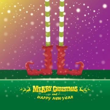 Vector creative merry christmas greeting card with cartoon elfs legs, elf shoes Stock Illustration