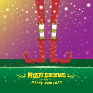 Vector creative merry christmas greeting card with cartoon elfs legs, elf shoes Stock Illustration