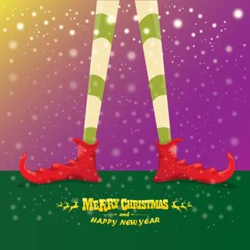 Vector creative merry christmas greeting card with cartoon elfs legs, elf shoes Stock Illustration