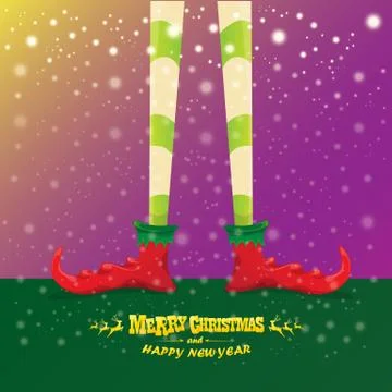 Vector creative merry christmas greeting card with cartoon elfs legs, elf shoes Stock Illustration