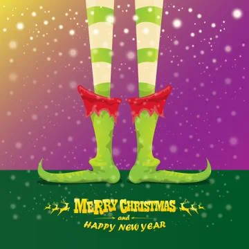 Vector creative merry christmas greeting card with cartoon elfs legs, elf shoes Stock Illustration