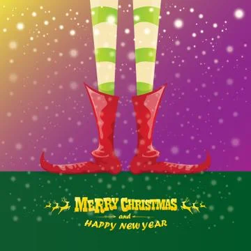 Vector creative merry christmas greeting card with cartoon elfs legs, elf shoes Stock Illustration
