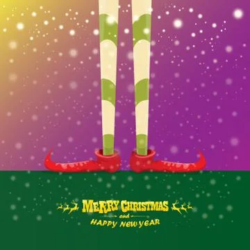 Vector creative merry christmas greeting card with cartoon elfs legs, elf shoes Stock Illustration