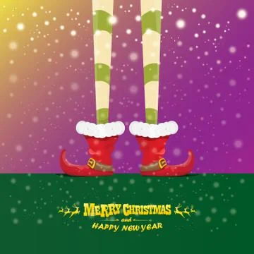 Vector creative merry christmas greeting card with cartoon elfs legs, elf shoes Stock Illustration