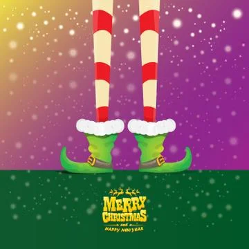 Vector creative merry christmas greeting card with cartoon elfs legs, elf shoes Stock Illustration