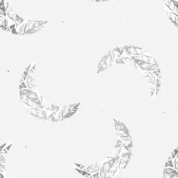 Vector Crescent Moon with Monstera Leaves in Silver and White seamless pattern Stock Illustration