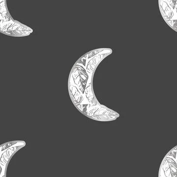 Vector Crescent Moon with Monstera Leaves in Silver on Dark seamless pattern Stock Illustration