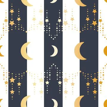 Vector Crescent Moon with Star Chains in Gold on Stripes seamless pattern bac Illustrazione stock