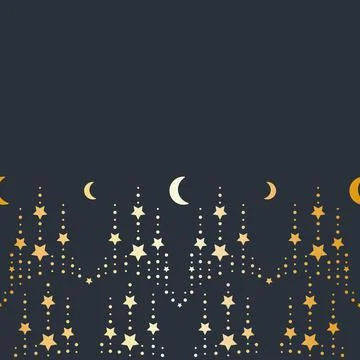 Vector Crescent Moon with Star Chains in Gold Border seamless pattern backgro Stock Illustration