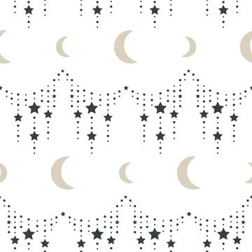 Vector Crescent Moon with Star Chains on White seamless pattern background Stock Illustration