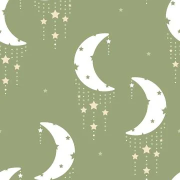 Vector Crescent Moon with Star Chains on Bright Green seamless pattern Stock Illustration