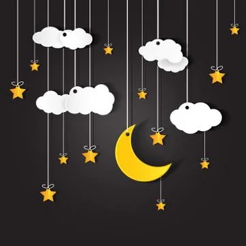 Vector of a crescent moon with stars on a cloudy night sky. Illustrazione stock