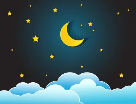 Vector of a crescent moon with stars on a cloudy night sky. Stock Illustration