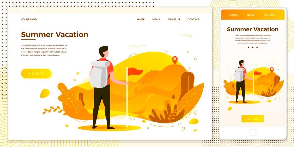 Vector cross platform illustration set - man looking to the mountain peaks. Stock Illustration